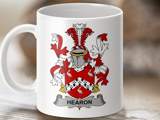 Physical Item 11oz / White Hearon Surname Irish Heraldry Ceramic Mug