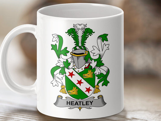 Physical Item 11oz / White Heatley Surname Irish Coat of Arms Beverage Mug