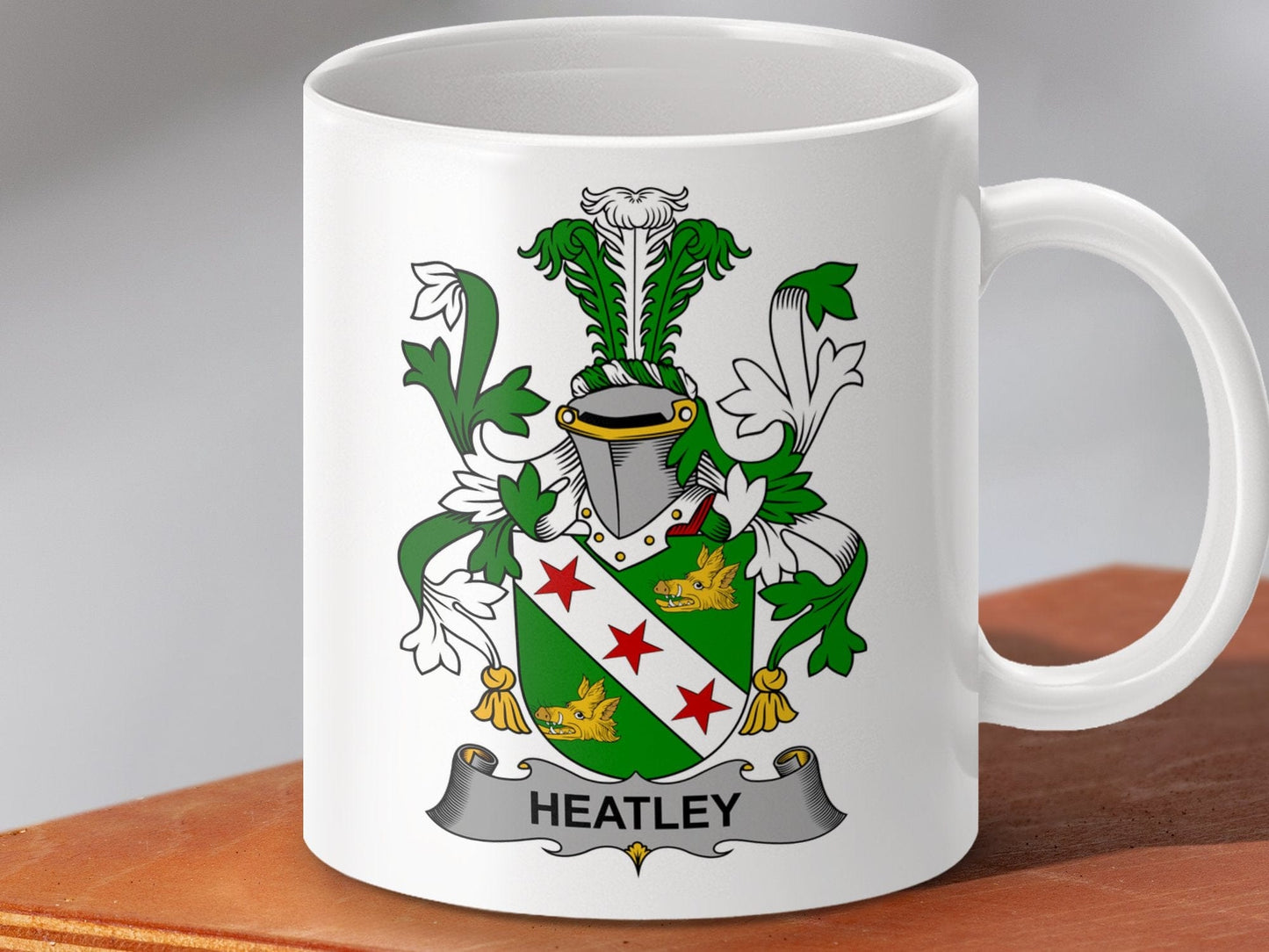 Physical Item 11oz / White Heatley Surname Irish Coat of Arms Beverage Mug