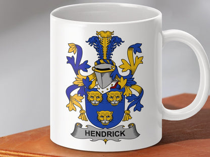 Physical Item 11oz / White Hendrick Surname Irish Heraldry Ceramic Mug