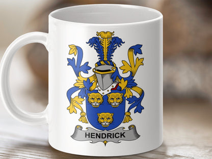 Physical Item 11oz / White Hendrick Surname Irish Heraldry Ceramic Mug