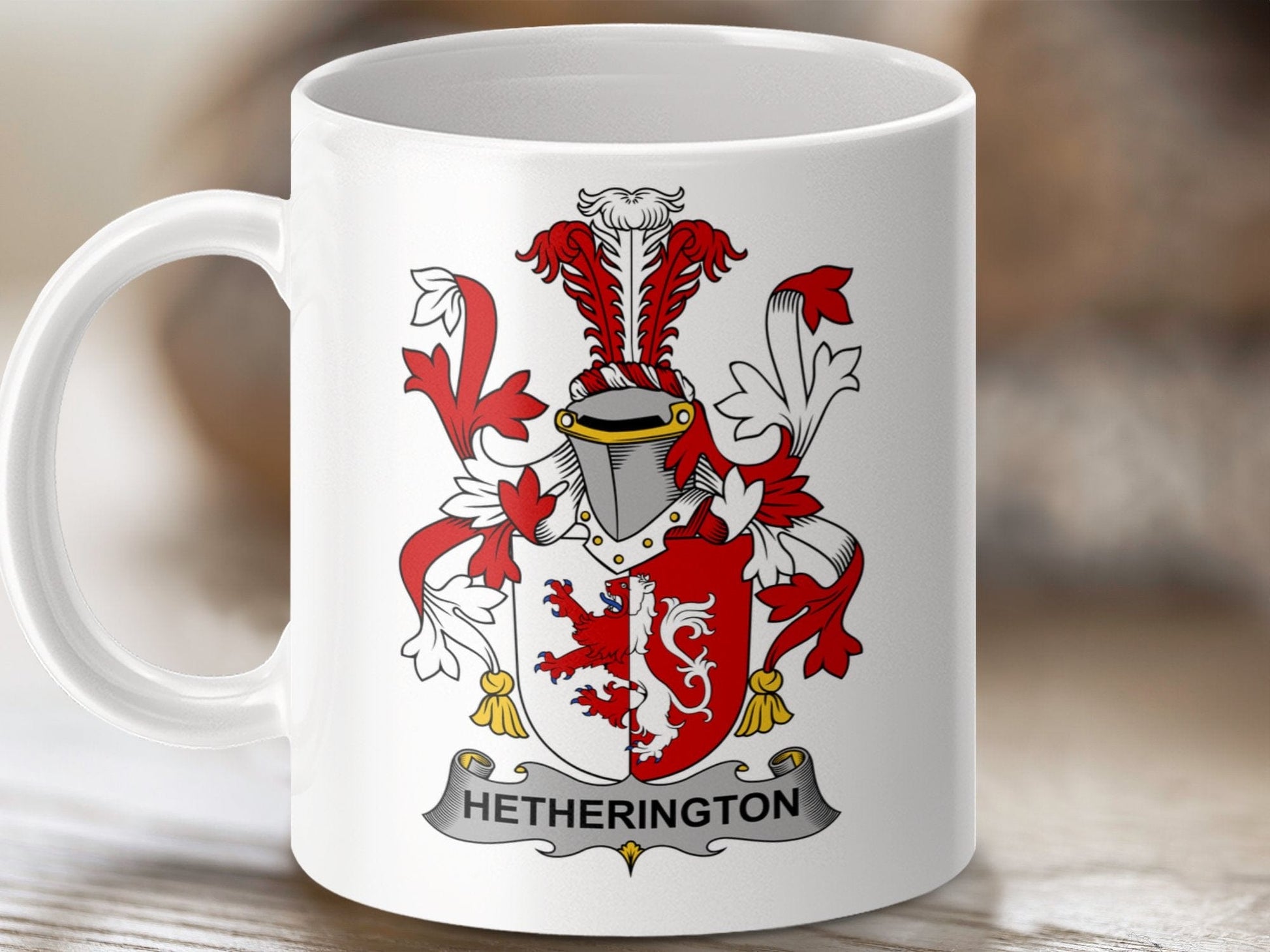 Physical Item 11oz / White Hetherington Surname Irish Heraldry Ceramic Mug