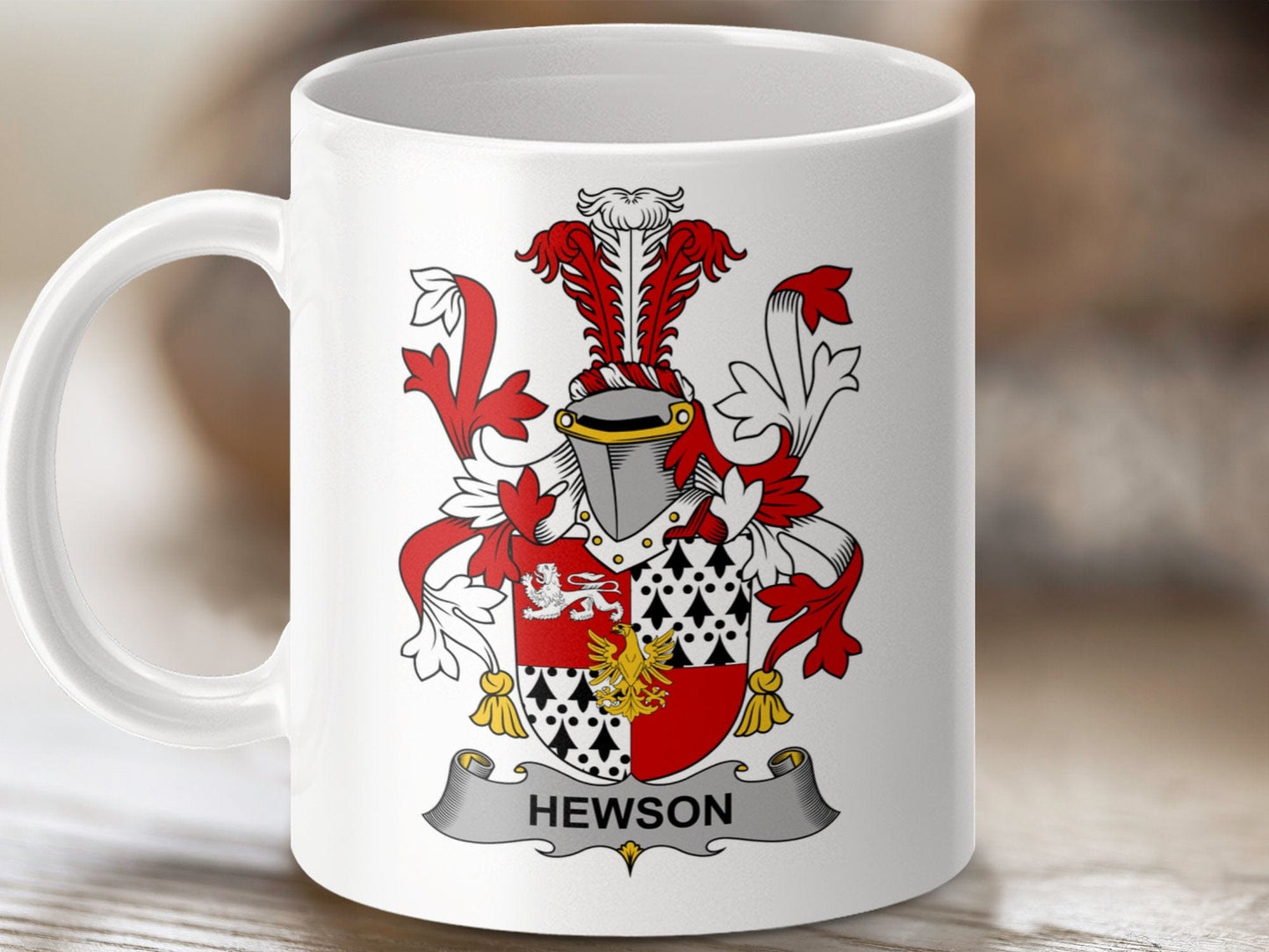 Physical Item 11oz / White Hewson Surname Irish Heraldry Ceramic Mug