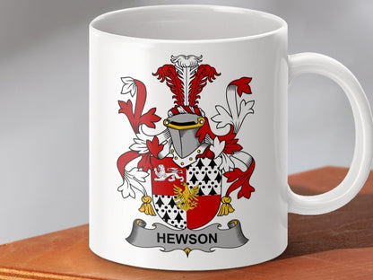 Physical Item 11oz / White Hewson Surname Irish Heraldry Ceramic Mug