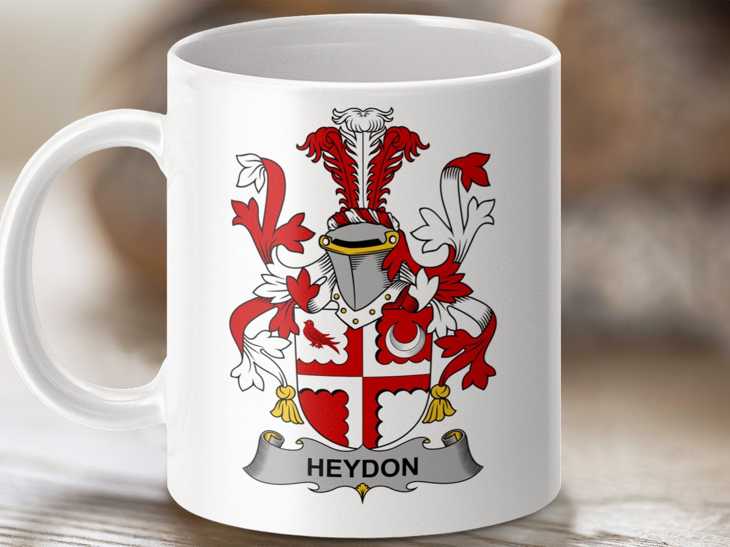 Physical Item 11oz / White Heydon Surname Irish Heraldry Ceramic Mug