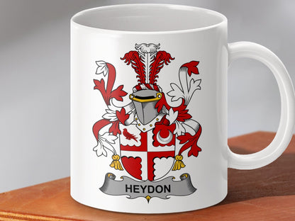 Physical Item 11oz / White Heydon Surname Irish Heraldry Ceramic Mug