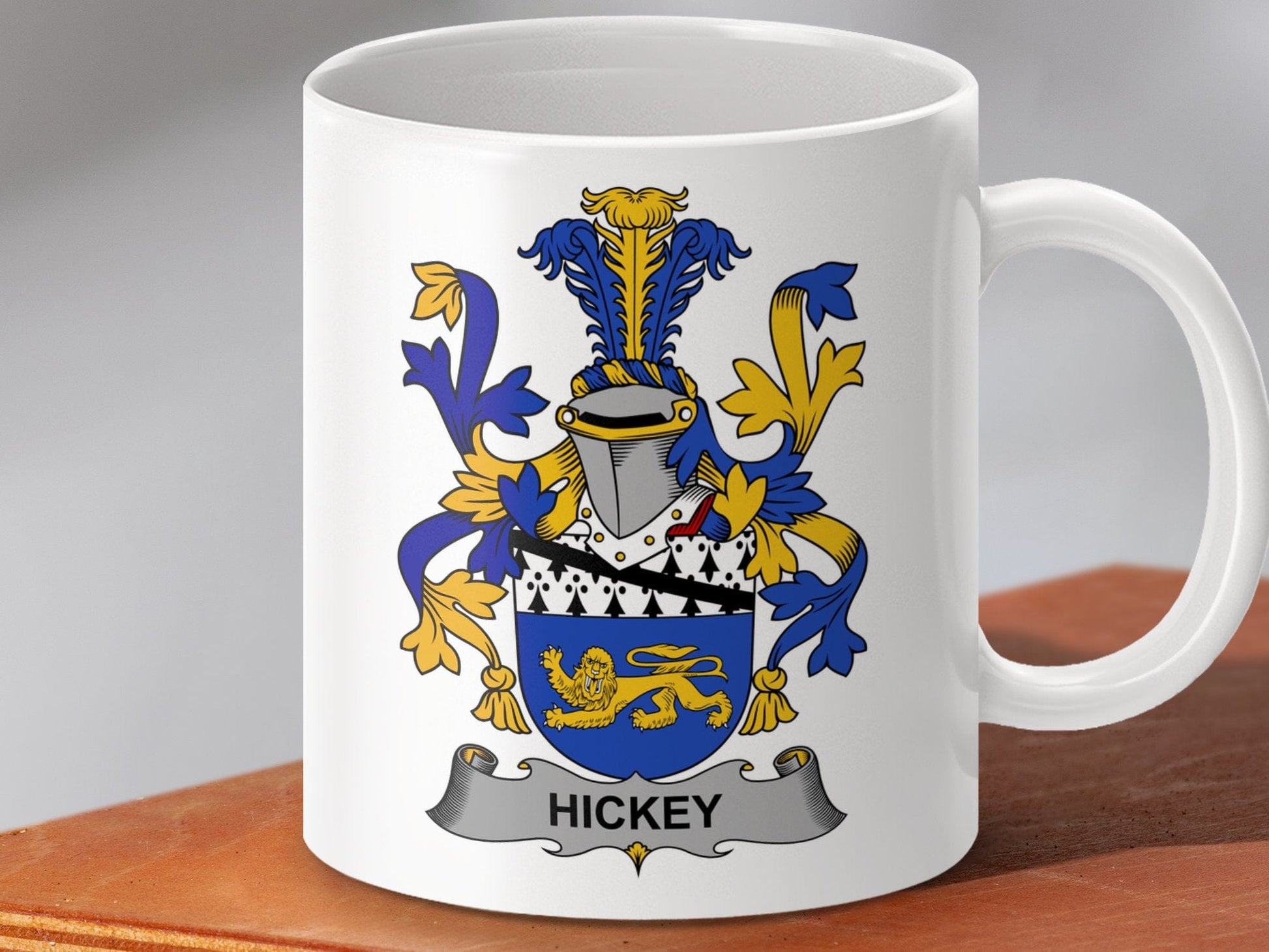 Physical Item 11oz / White Hickey Surname Irish Heraldry Coat of Arms Mug