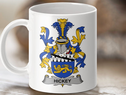 Physical Item 11oz / White Hickey Surname Irish Heraldry Coat of Arms Mug