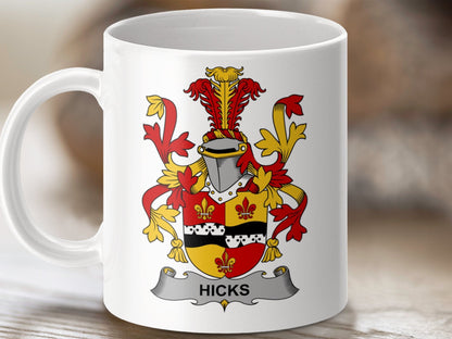 Physical Item 11oz / White Hicks Surname Irish Heraldry Coat of Arms Mug