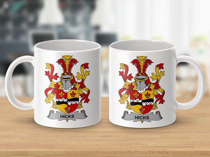 Physical Item 11oz / White Hicks Surname Irish Heraldry Coat of Arms Mug