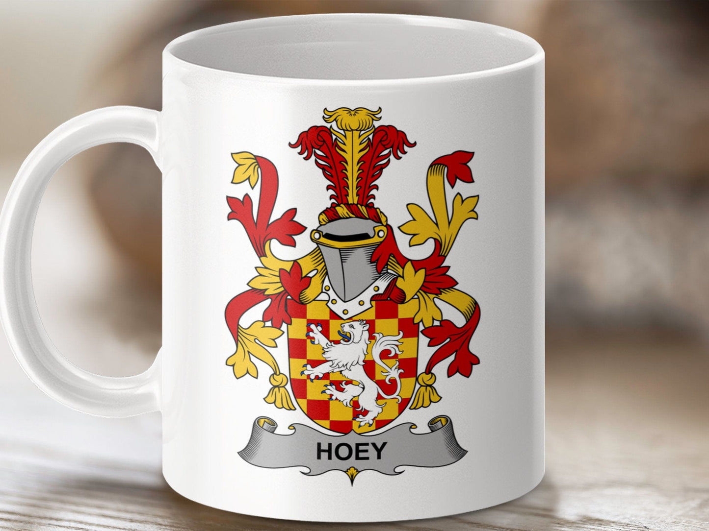 Physical Item 11oz / White Hoey Surname Irish Heraldry Ceramic Mug