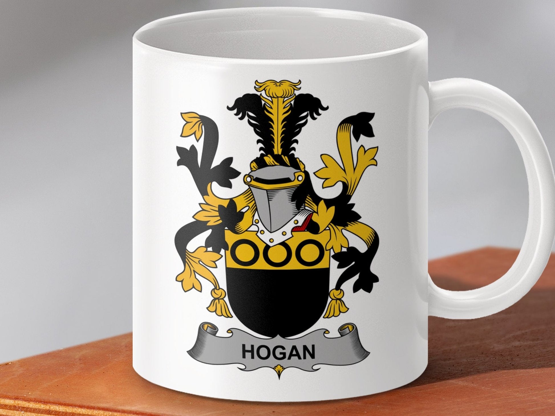 Physical Item 11oz / White Hogan Surname Irish Coat of Arms Heraldry Ceramic Mug