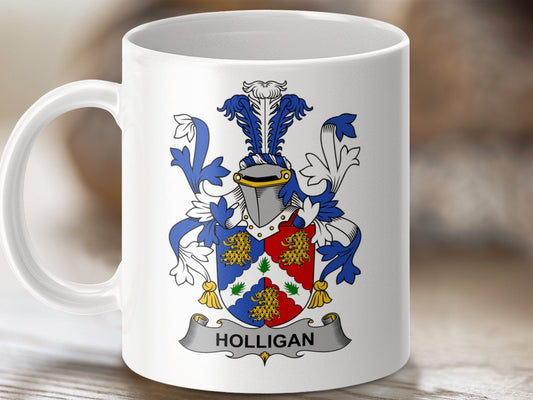 Physical Item 11oz / White Holligan Surname Irish Heraldry Ceramic Mug