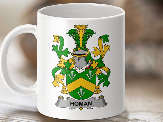 Physical Item 11oz / White Homan Surname Irish Heraldry Ceramic Mug