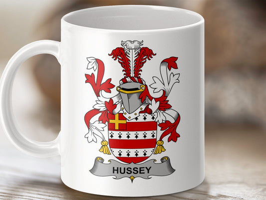 Physical Item 11oz / White Hussey Surname Irish Heraldry Ceramic Mug