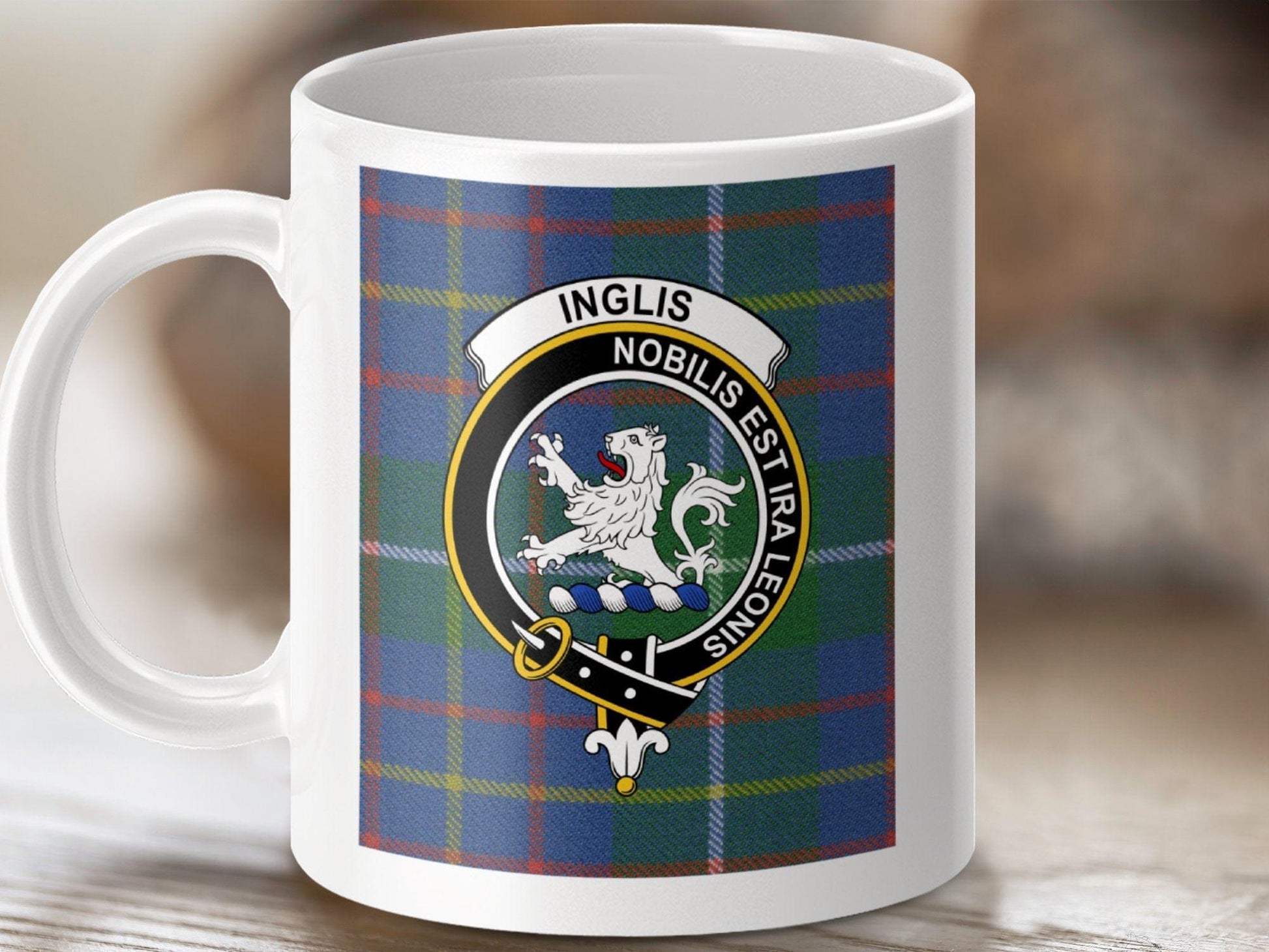 Physical Item 11oz / White Inglis Clan Scottish Tartan Crest Mug