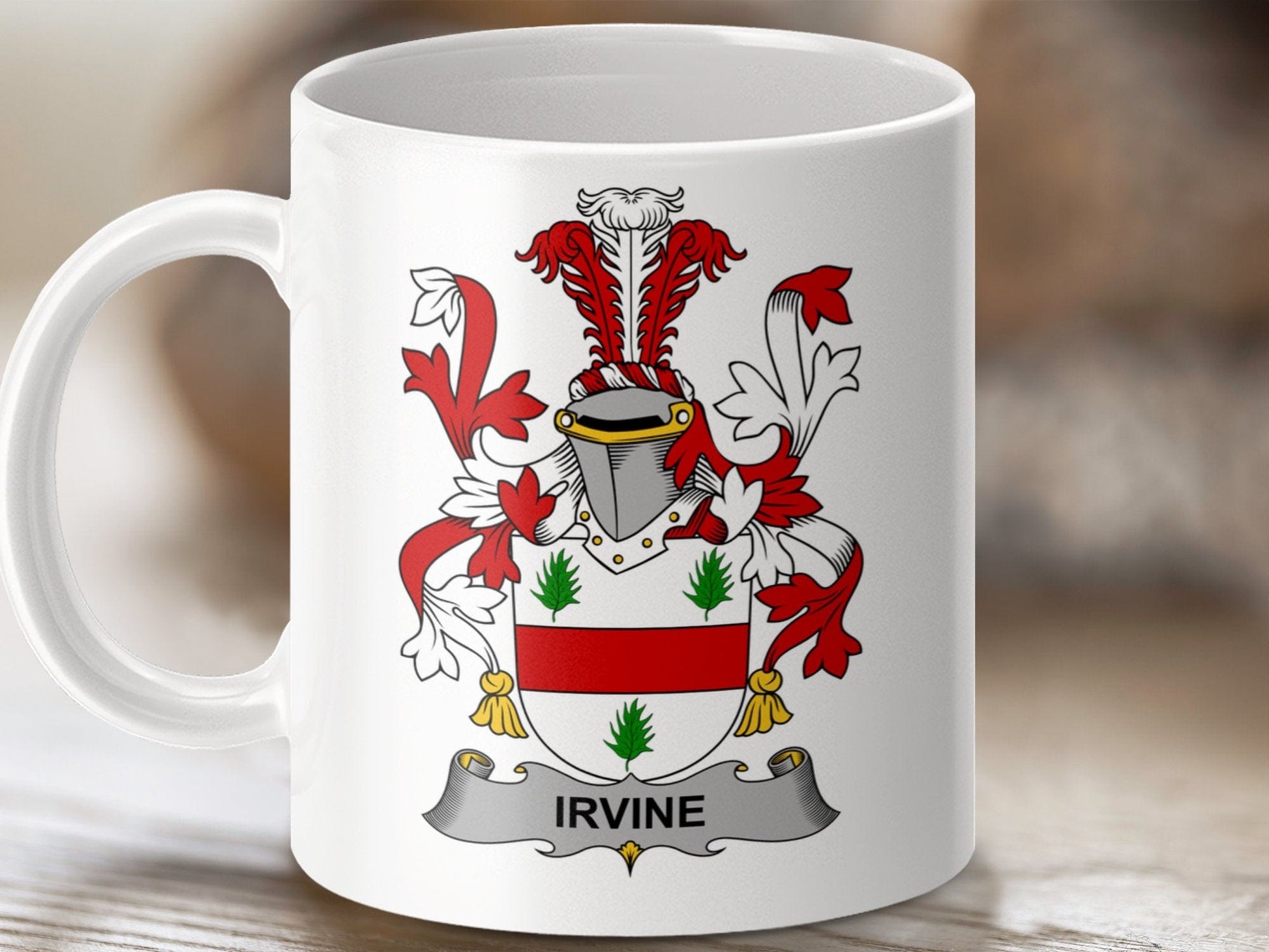 Physical Item 11oz / White Irvine Surname Irish Heraldry Ceramic Mug