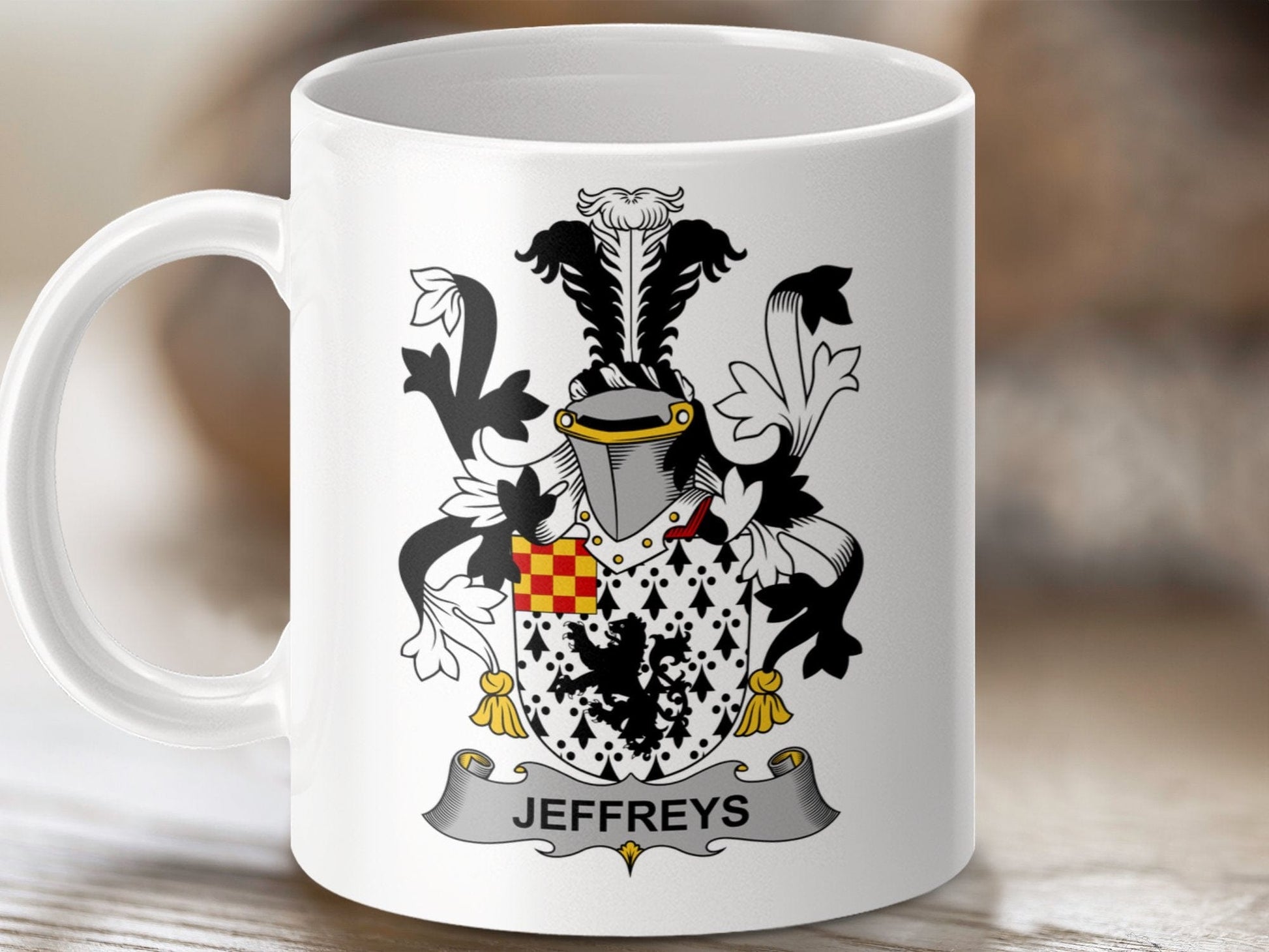 Physical Item 11oz / White Jeffreys Surname Irish Heraldry Ceramic Mug