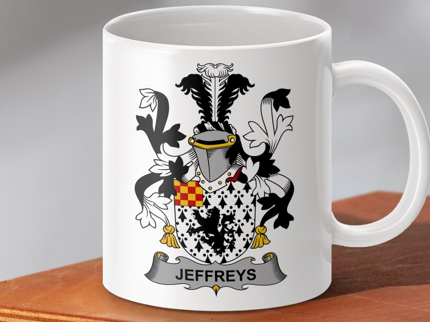 Physical Item 11oz / White Jeffreys Surname Irish Heraldry Ceramic Mug