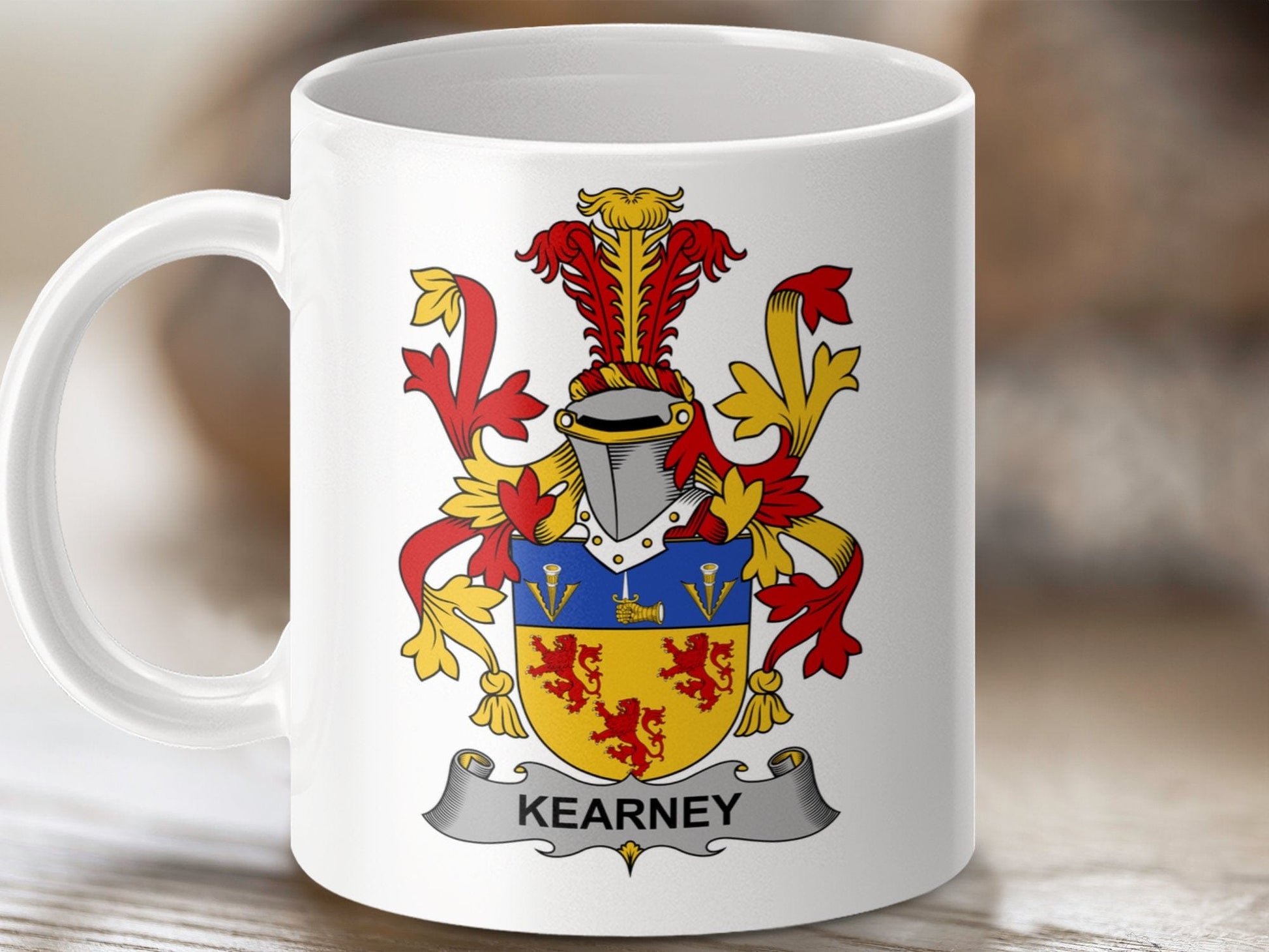 Physical Item 11oz / White Kearney Surname Irish Heraldry Ceramic Mug