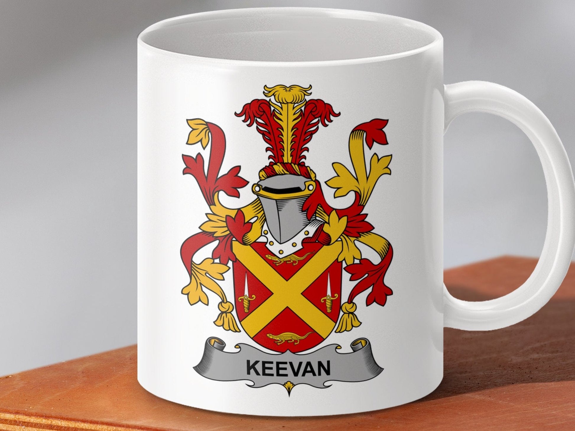 Physical Item 11oz / White Keevan Surname Irish Heraldry Ceramic Mug