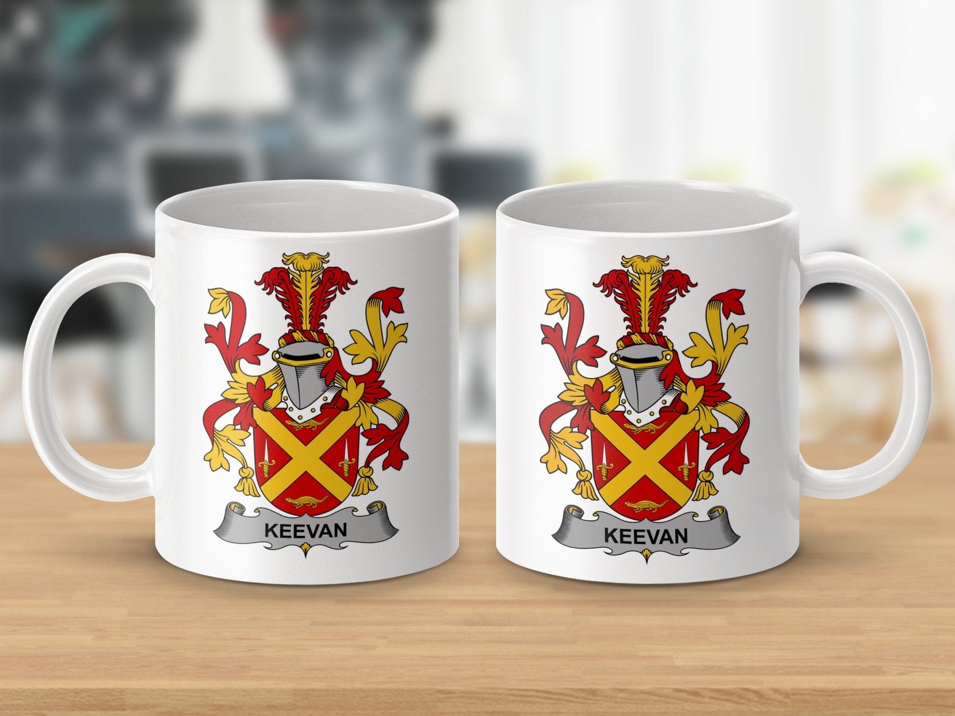 Physical Item 11oz / White Keevan Surname Irish Heraldry Ceramic Mug