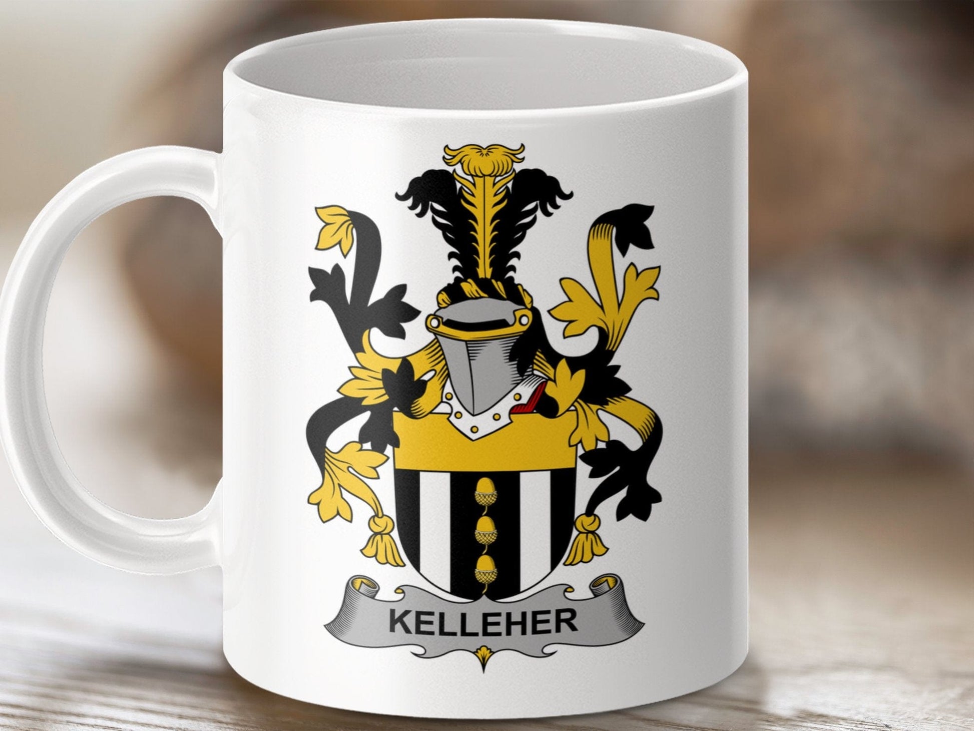 Physical Item 11oz / White Kelleher Surname Irish Heraldry Ceramic Mug