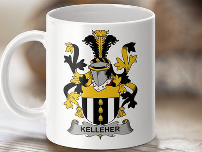 Physical Item 11oz / White Kelleher Surname Irish Heraldry Ceramic Mug