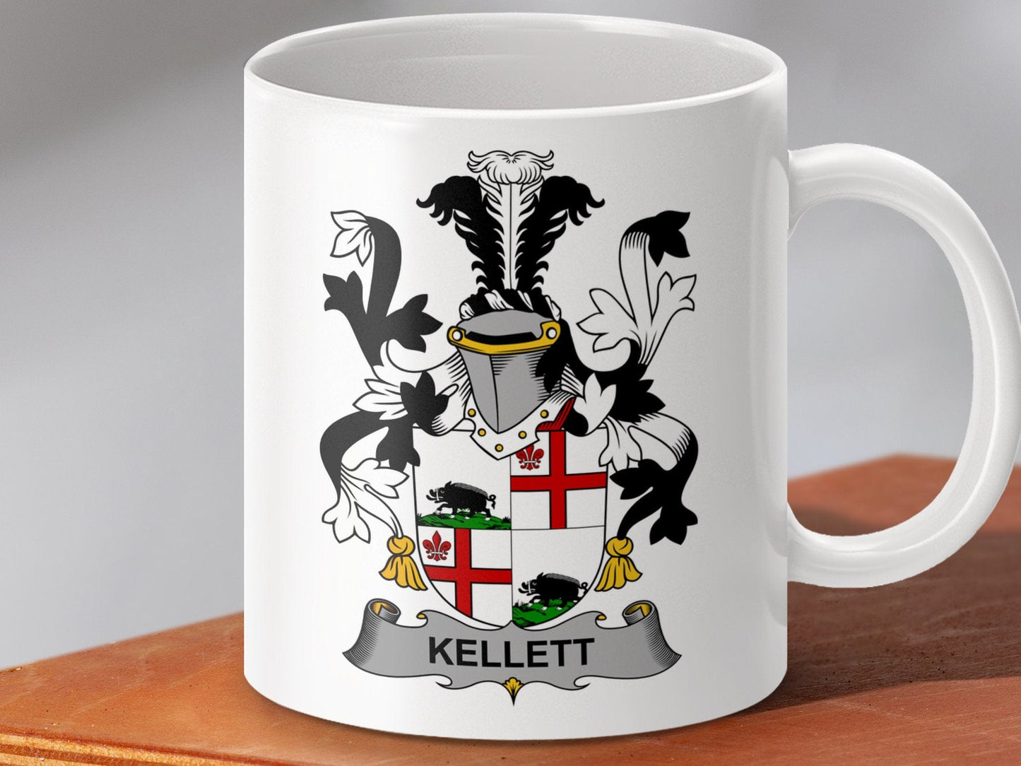 Physical Item 11oz / White Kellett Surname Irish Heraldry Ceramic Mug