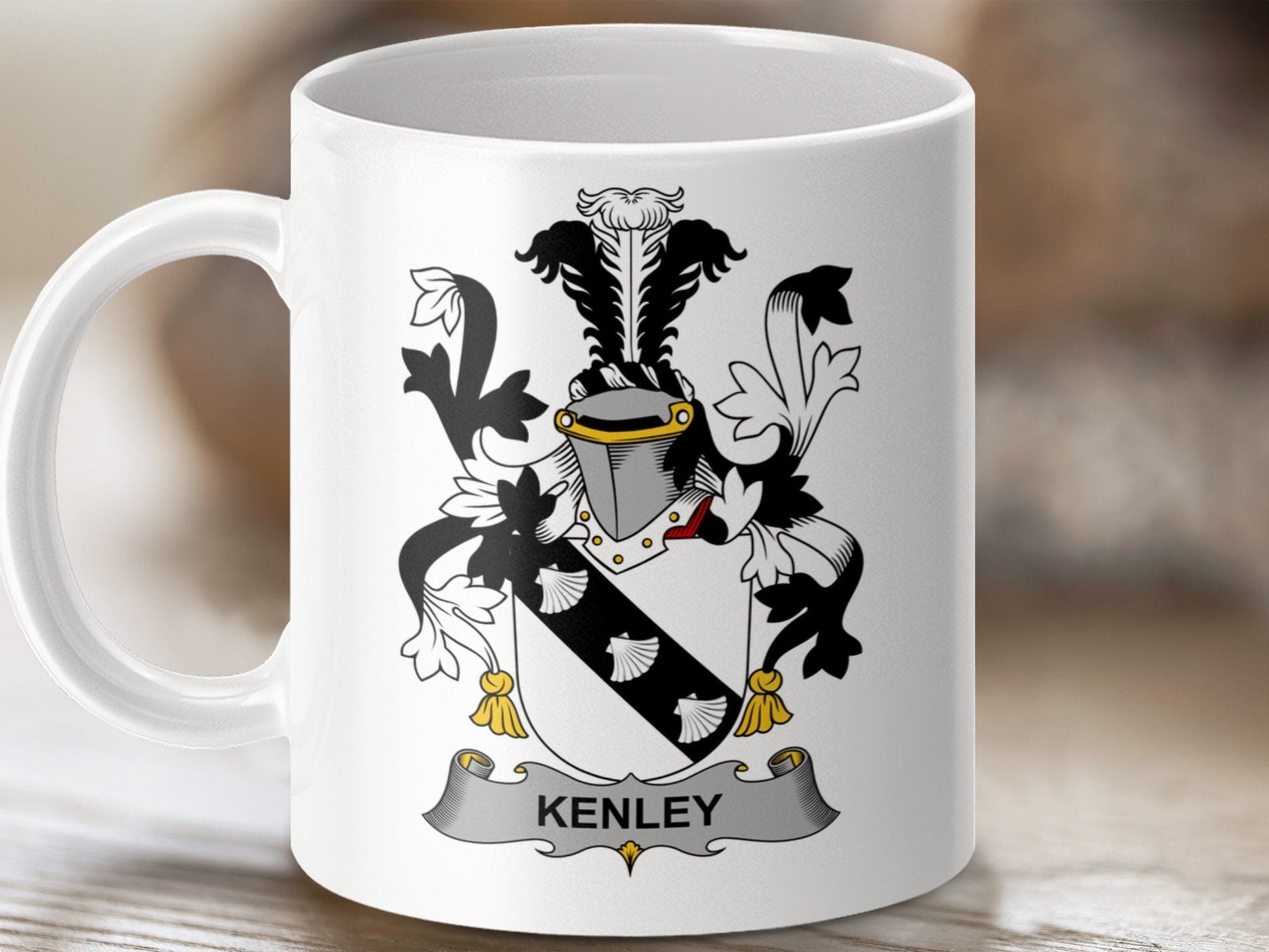 Physical Item 11oz / White Kenley Surname Irish Heraldry Ceramic Mug