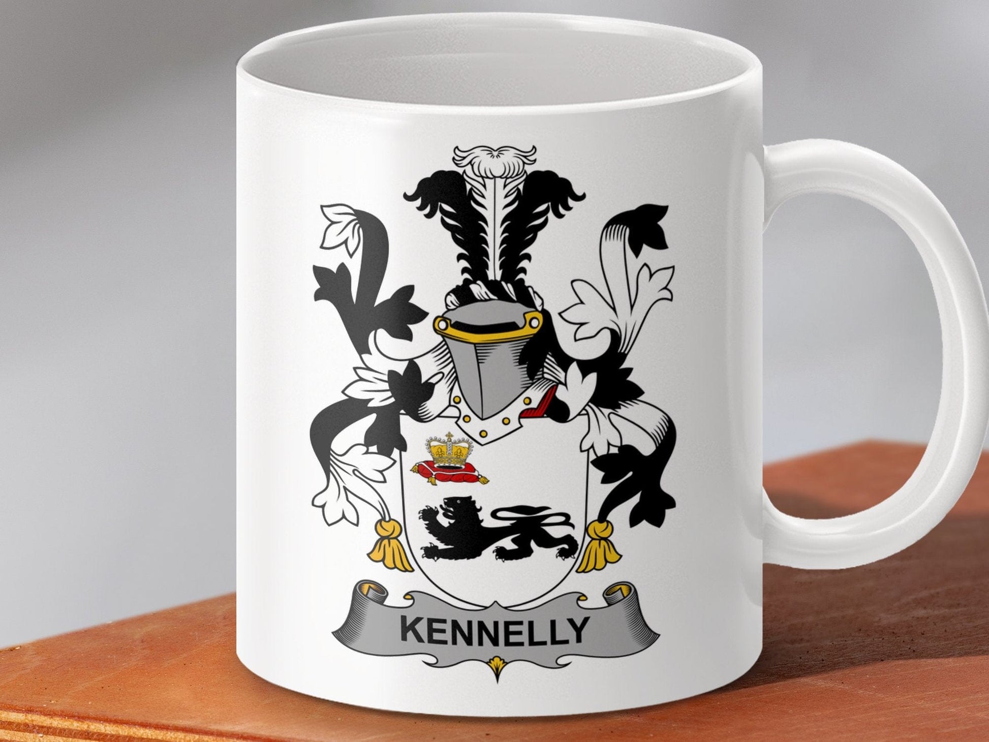 Physical Item 11oz / White Kennelly Surname Irish Heraldry Ceramic Mug