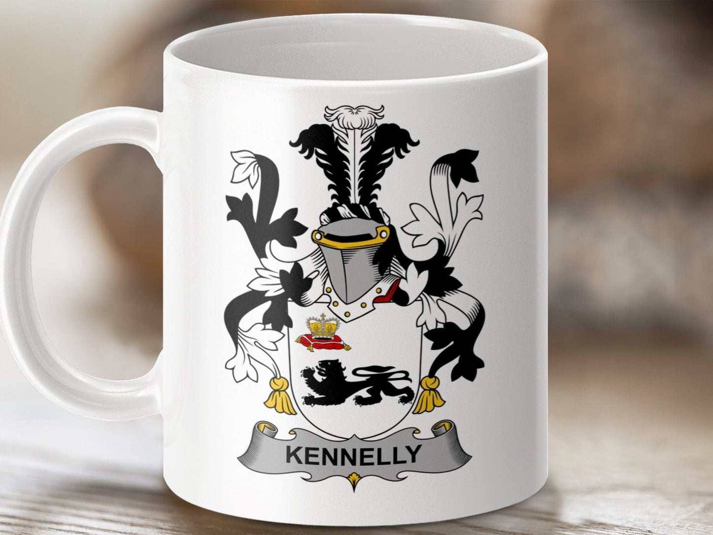 Physical Item 11oz / White Kennelly Surname Irish Heraldry Ceramic Mug