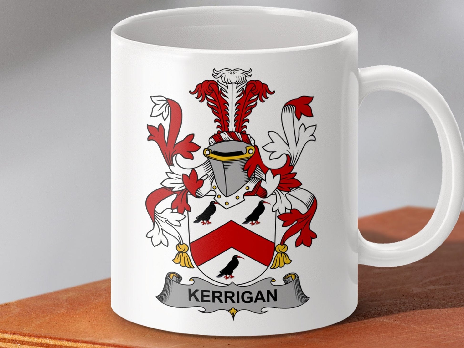 Physical Item 11oz / White Kerrigan Surname Irish Heraldry Ceramic Mug