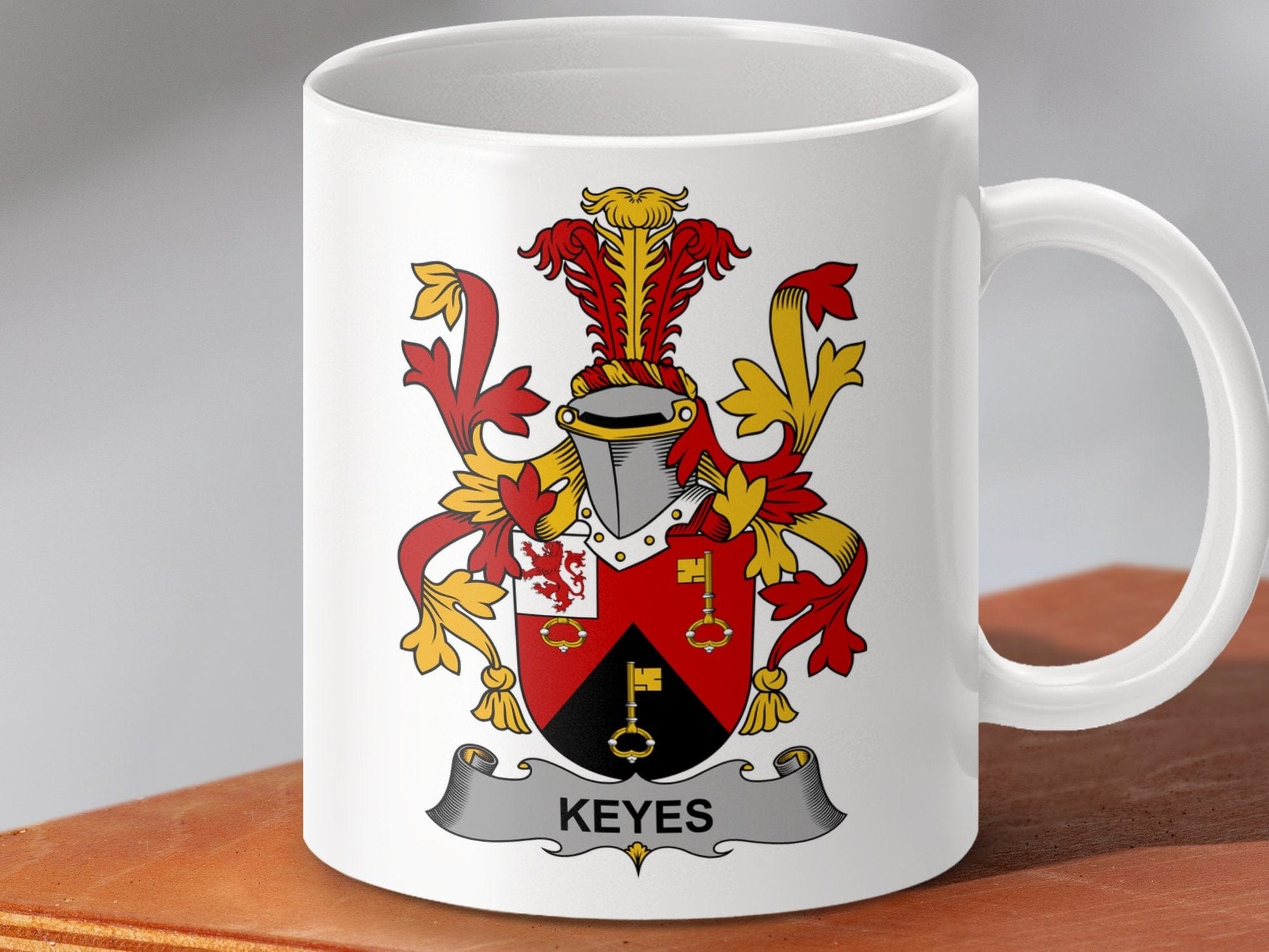 Physical Item 11oz / White Keyes Surname Irish Heraldry Coat of Arms Ceramic Mug