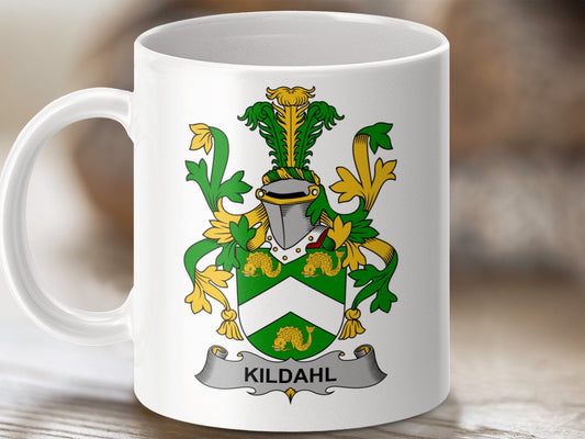 Physical Item 11oz / White Kildahl Surname Irish Heraldry Ceramic Mug