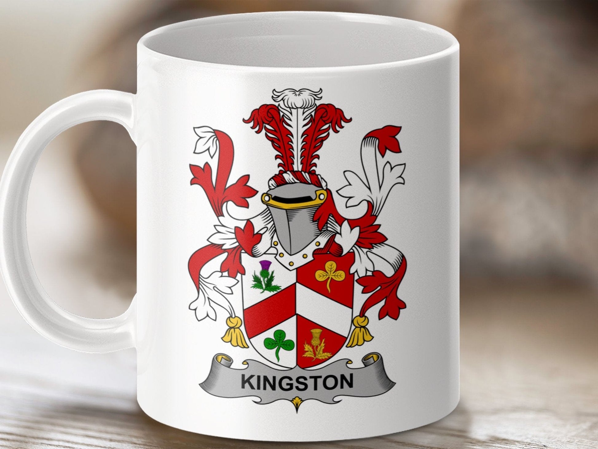 Physical Item 11oz / White Kingston Surname Irish Heraldry Ceramic Mug