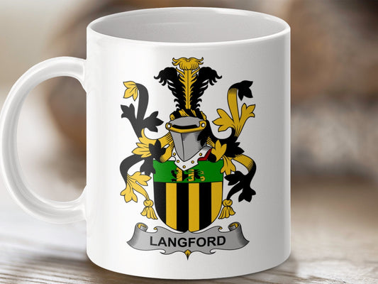 Physical Item 11oz / White Langford Surname Irish Heraldry Ceramic Mug