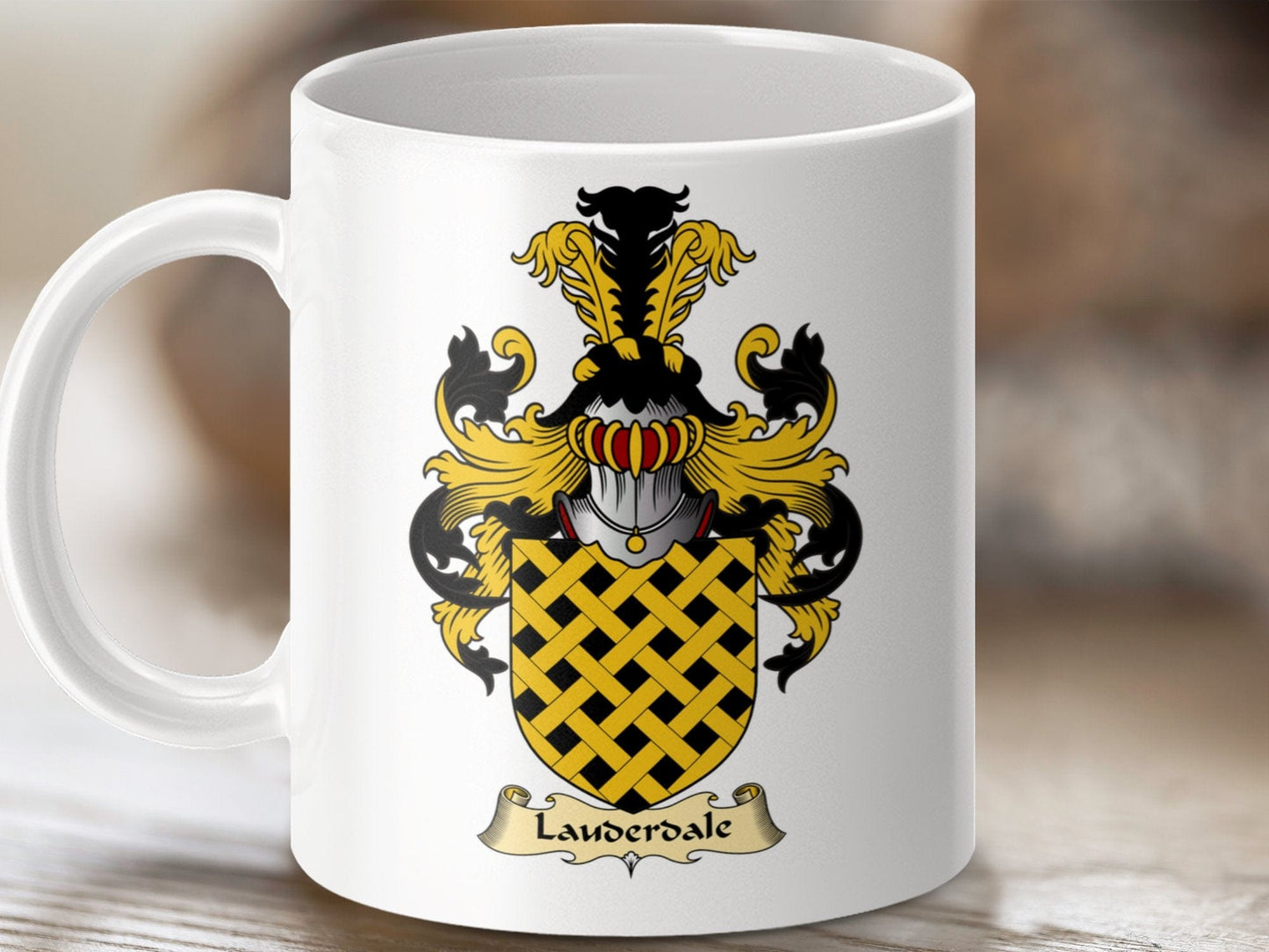 Physical Item 11oz / White Lauderdale Clan Coat Of Arms Scottish Heritage Mug