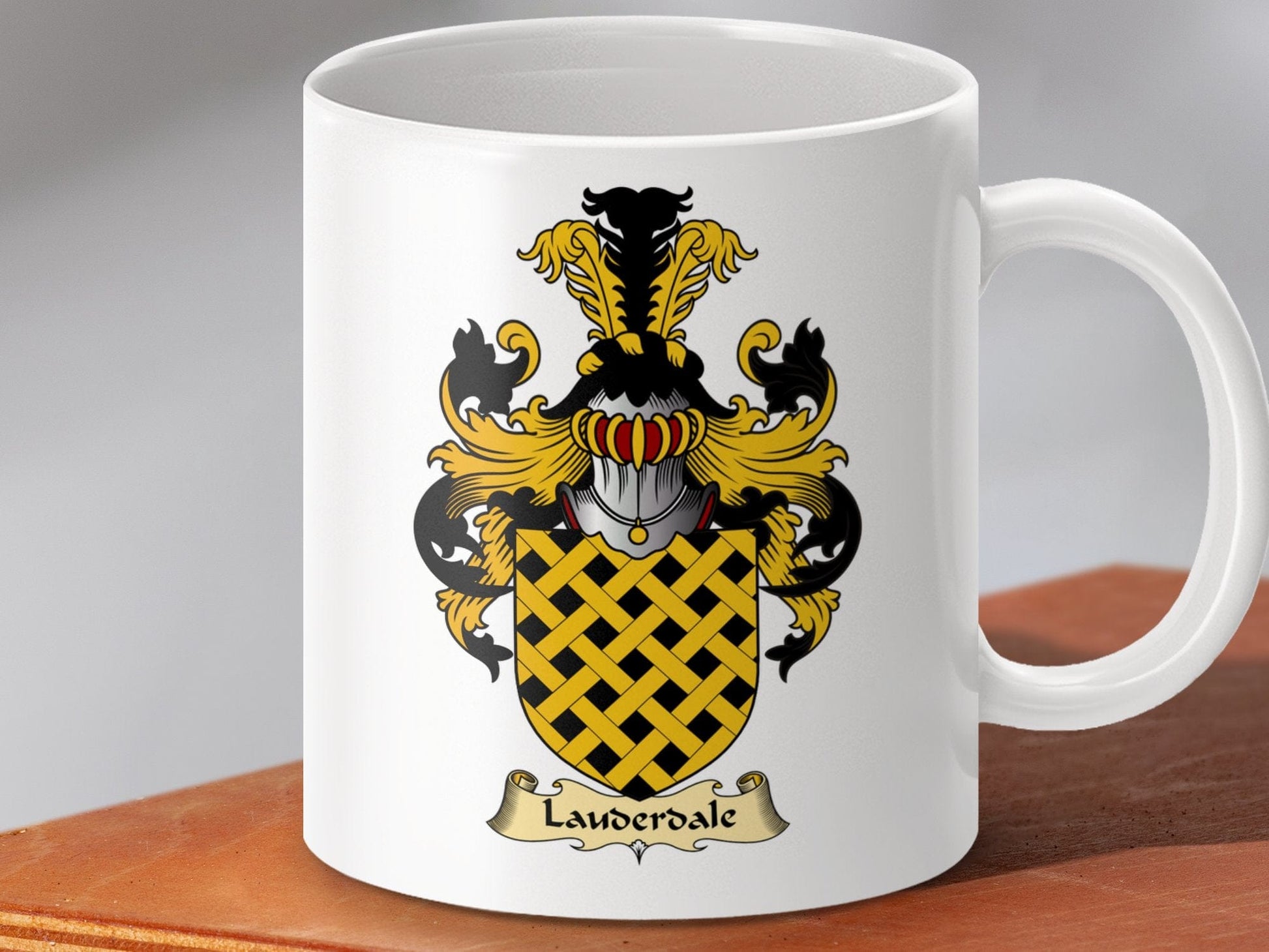 Physical Item 11oz / White Lauderdale Clan Coat Of Arms Scottish Heritage Mug