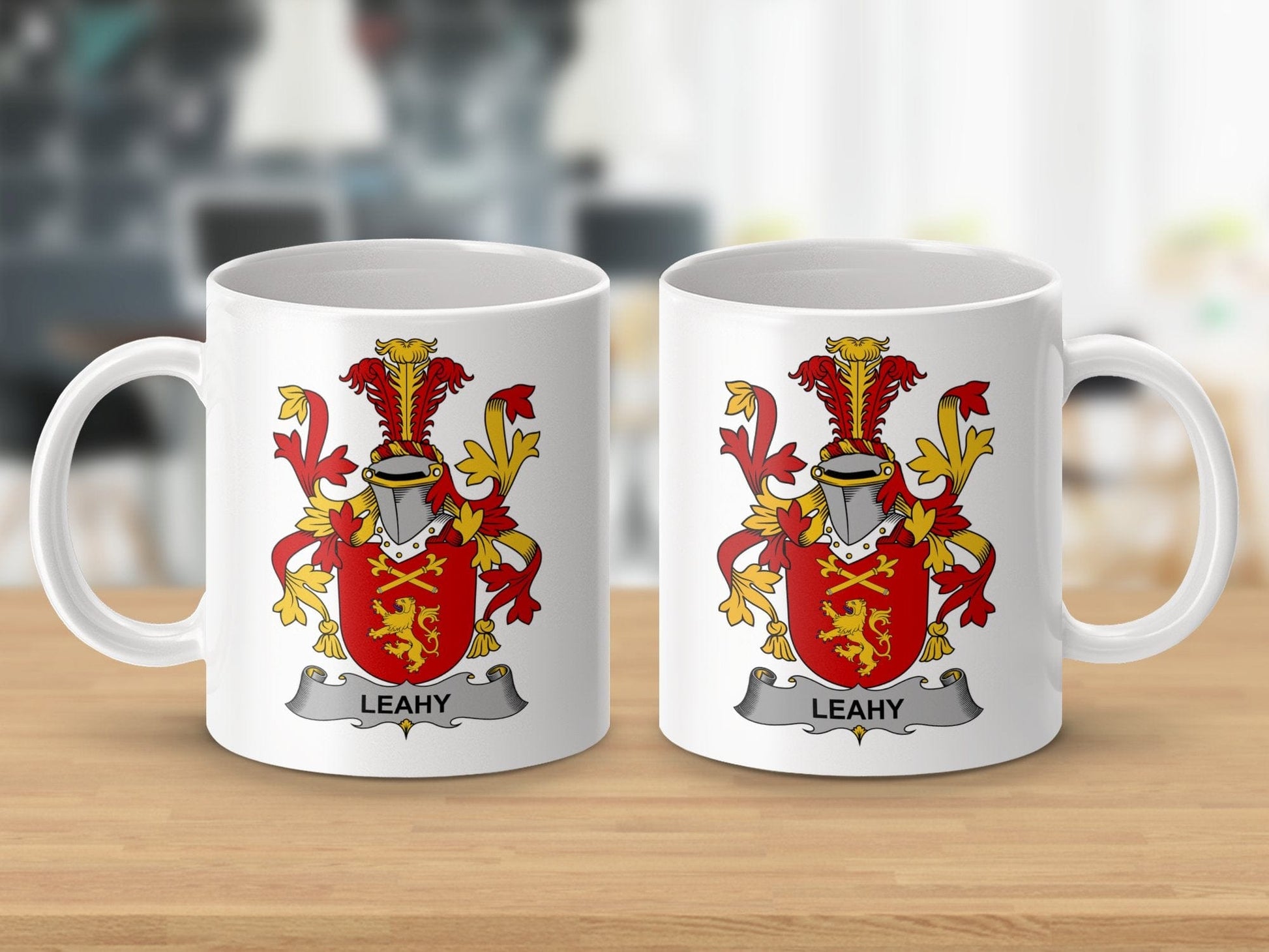 Physical Item 11oz / White Leahy Surname Irish Heraldry Ceramic Mug