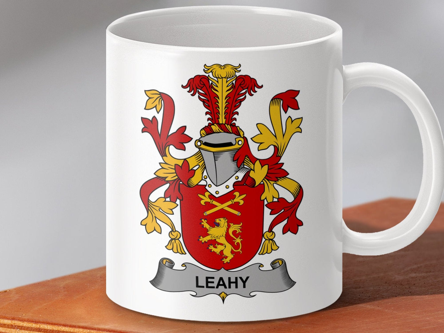 Physical Item 11oz / White Leahy Surname Irish Heraldry Ceramic Mug