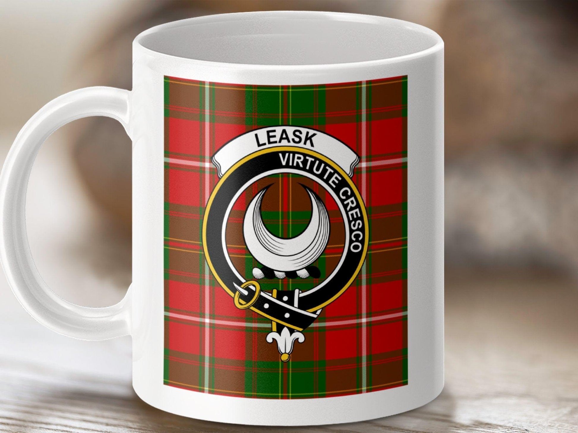 Physical Item 11oz / White Leask Clan Scottish Tartan Crest Mug