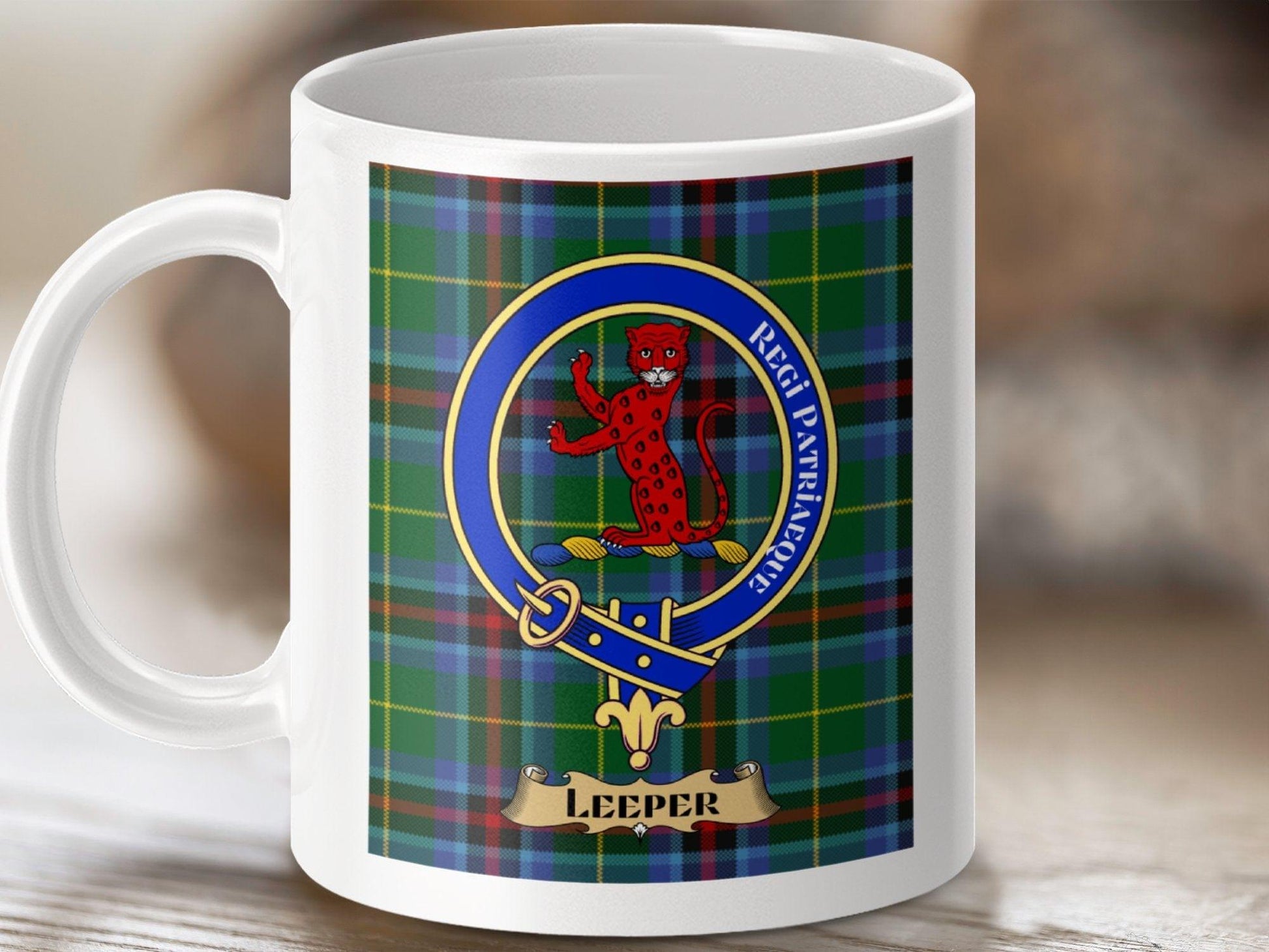 Physical Item 11oz / White Leeper Clan Scottish Tartan Crest Mug