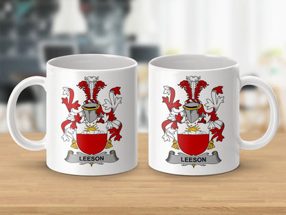 Physical Item 11oz / White Leeson Surname Irish Heraldry Ceramic Mug