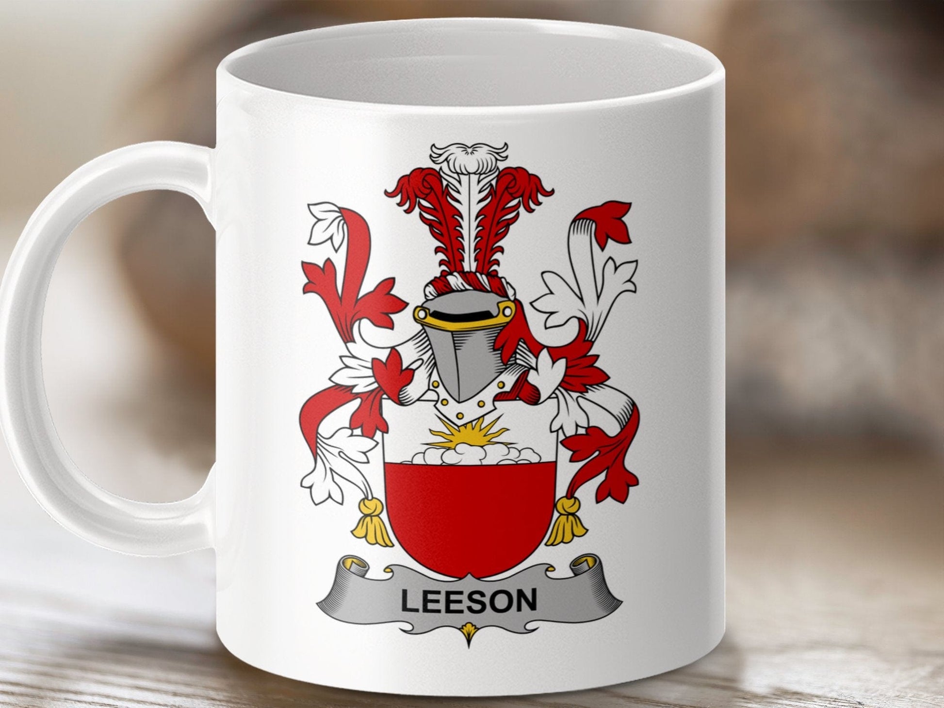 Physical Item 11oz / White Leeson Surname Irish Heraldry Ceramic Mug