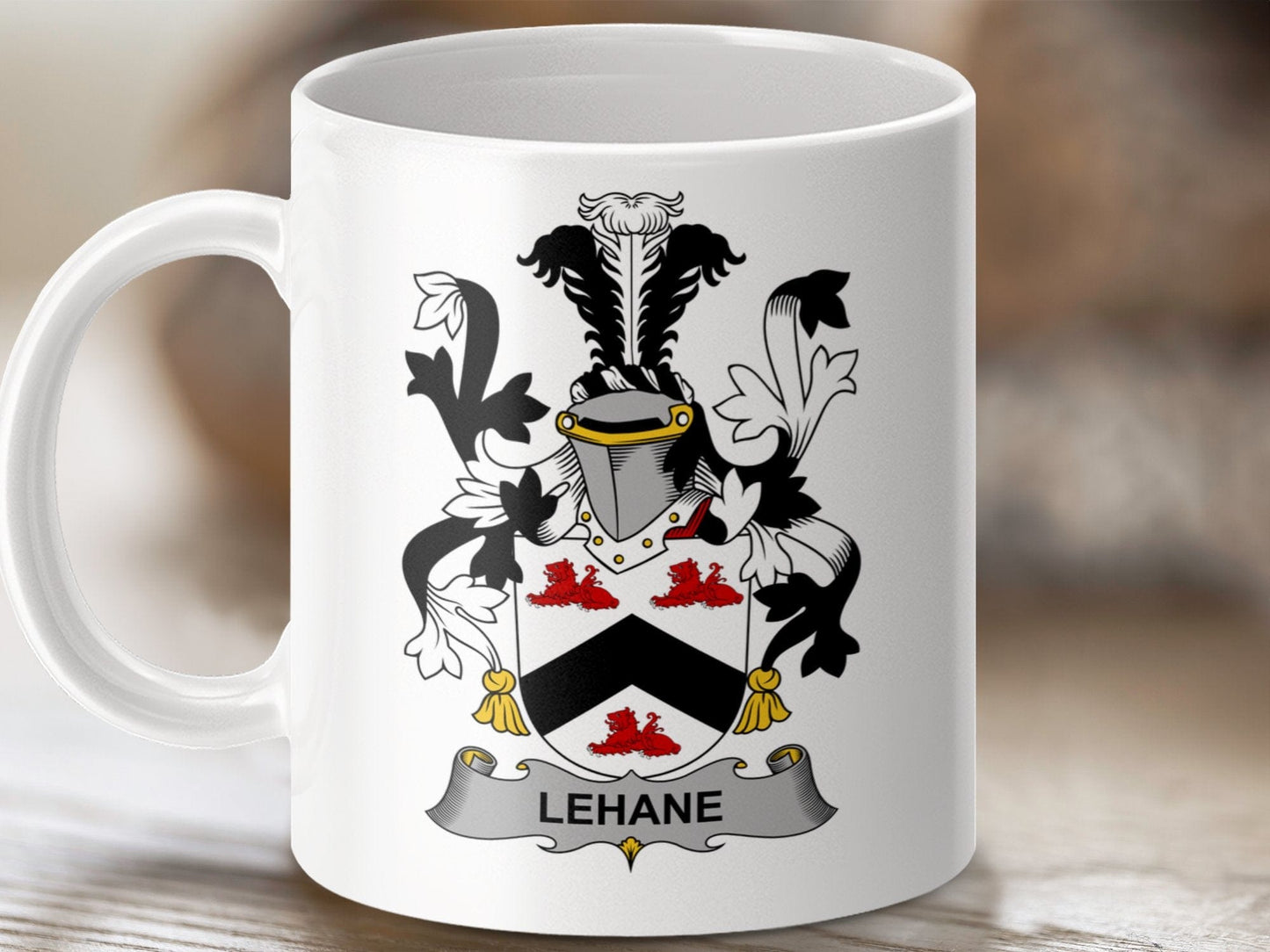 Physical Item 11oz / White Lehane Surname Irish Heraldry Ceramic Mug