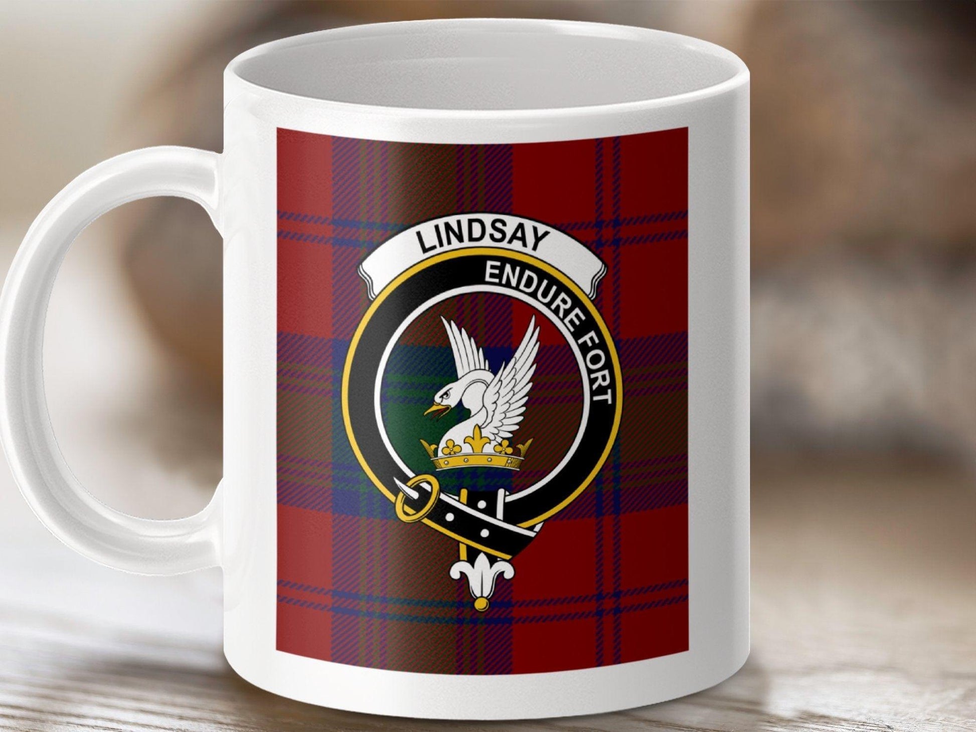 Physical Item 11oz / White Lindsay Clan Scottish Tartan Crest Mug