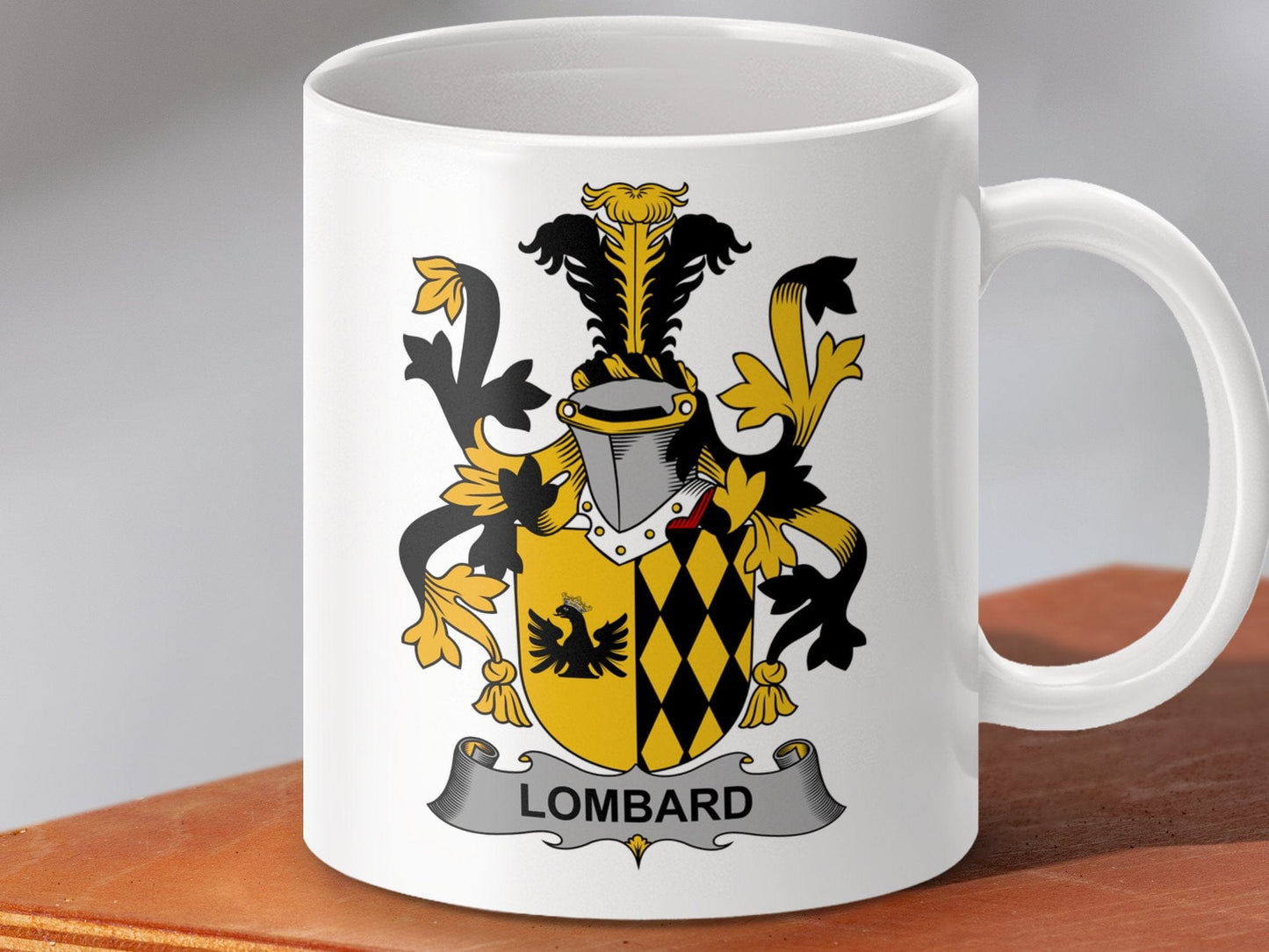 Physical Item 11oz / White Lombard Surname Irish Heraldry Ceramic Mug