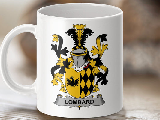 Physical Item 11oz / White Lombard Surname Irish Heraldry Ceramic Mug