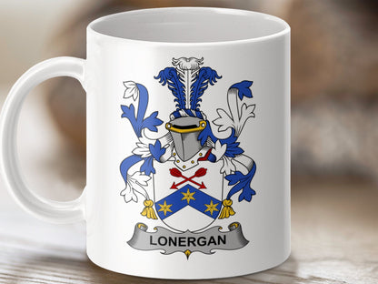 Physical Item 11oz / White Lonergan Surname Irish Heraldry Ceramic Mug